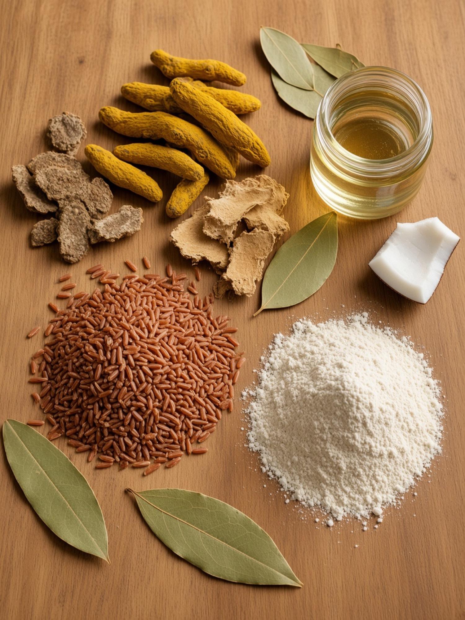 Kerala pantry still life: dried turmeric, dry ginger, matta rice, coconut oil, rice flour and bay leaves